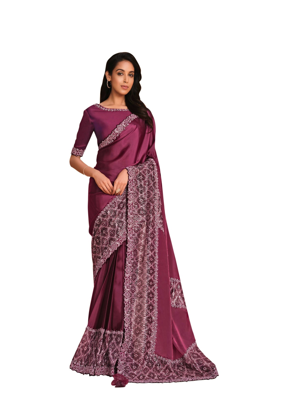 Maroon Satin Crepe Silk Sequence Embroidered Saree With Unstitched Blouse - Mohmanthan Yavanika | Grocsy