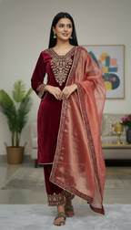 Joban Fashion Maroon Kurta Set Velvet Embroidery Sequence Work | Grocsy