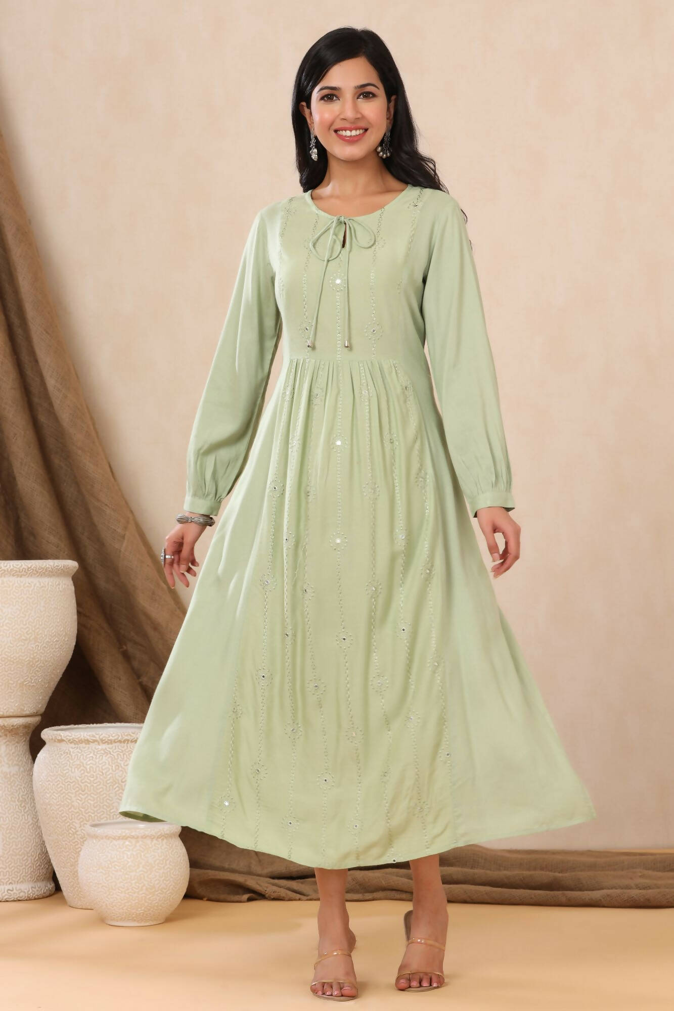 Juniper Women Lightolive Rayon Embroidered A-Line Dress | Grocsy