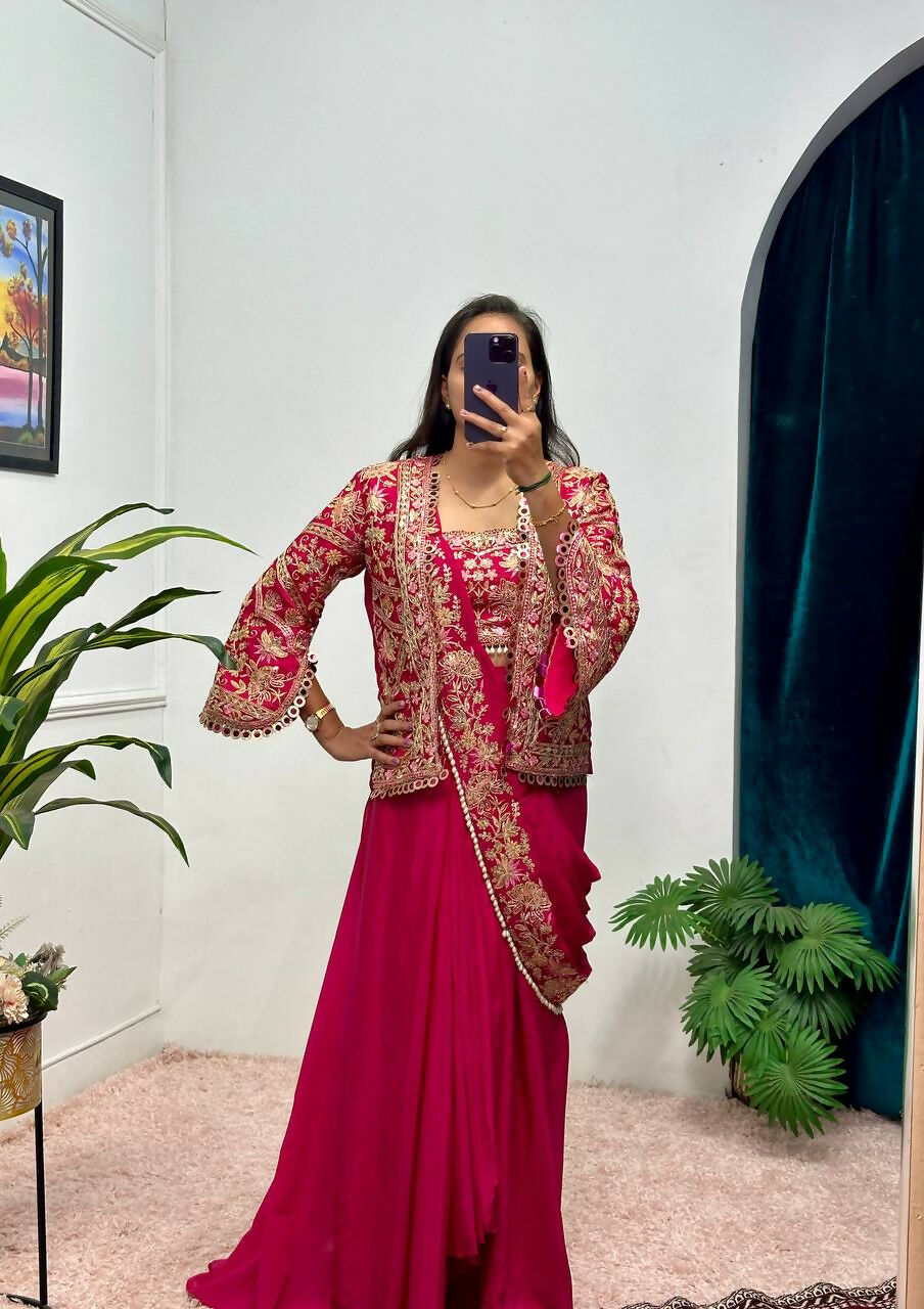 Teeya Creation Rani Color Chinon Silk Embroidery Work Ready To Wear Party Wear Saree With Koti | Grocsy