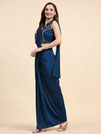 Blue Polyester Solid Ready to Wear Saree with stitched Blouse - Nita | Grocsy