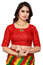 Vamika Ethnic Fire Red Foil Print Art Silk Saree | Grocsy