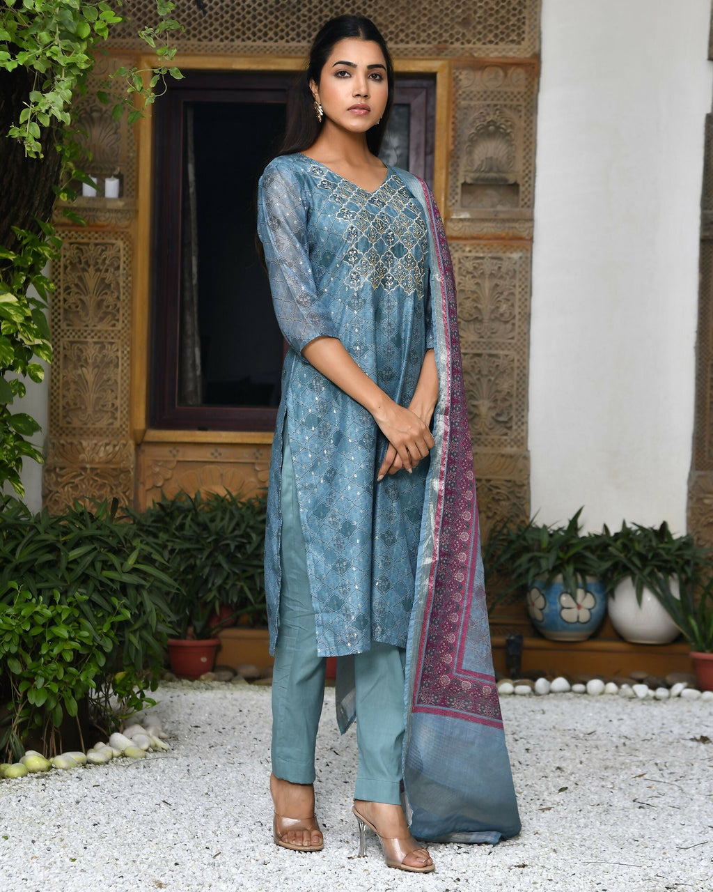 Vaasva Women's Chanderi Printed Suit Set With Pant And Printed Dupatta | Grocsy