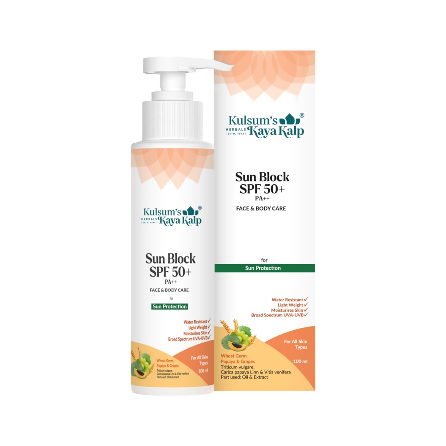 Kulsum's Kaya Kalp Sun Block SPF 50+ With Wheat Germ And Papaya For All Skin Types | Grocsy