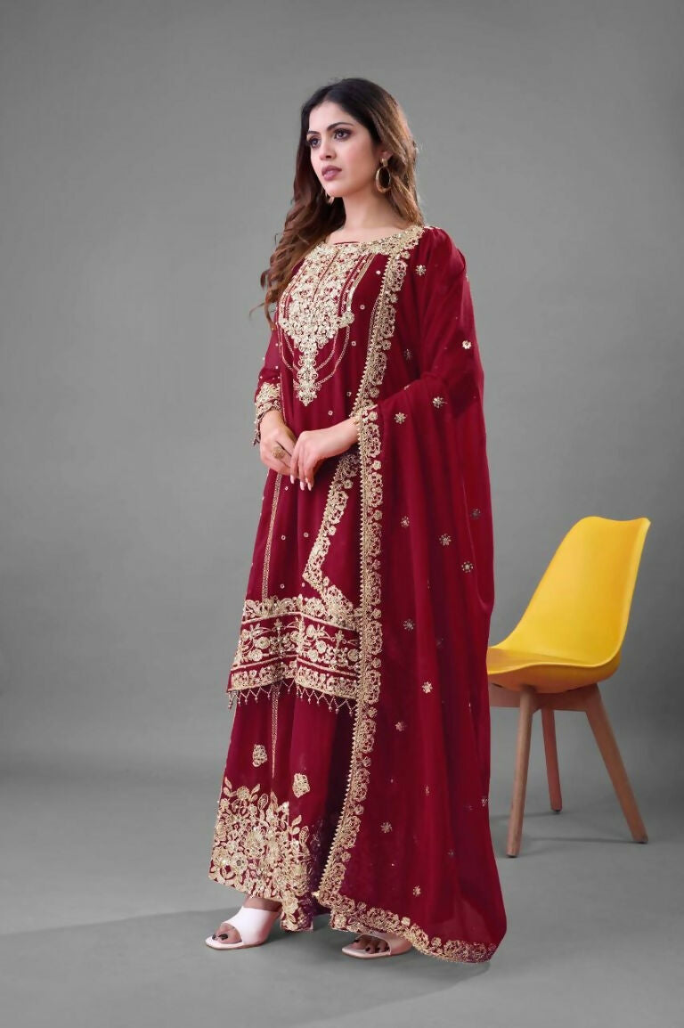 Teeya Creation Red Color Faux georgette Embroidery Work Sharara Set | Grocsy