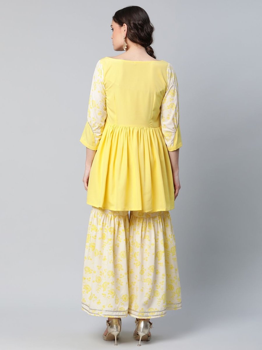 Ahalyaa Women Yellow Crepe Floral Short Kurta with Sharara Set | Grocsy