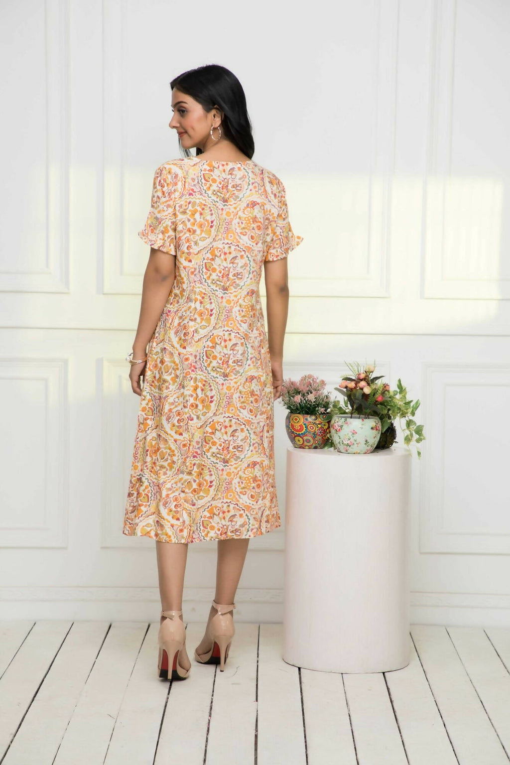 Myshka Women Multi-Abstract Rayon A-Line V-Neck Dress | Grocsy