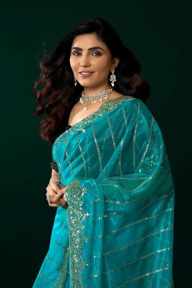 Joban Fashion Turquoise Blue Net Party Wear Sarees | Grocsy