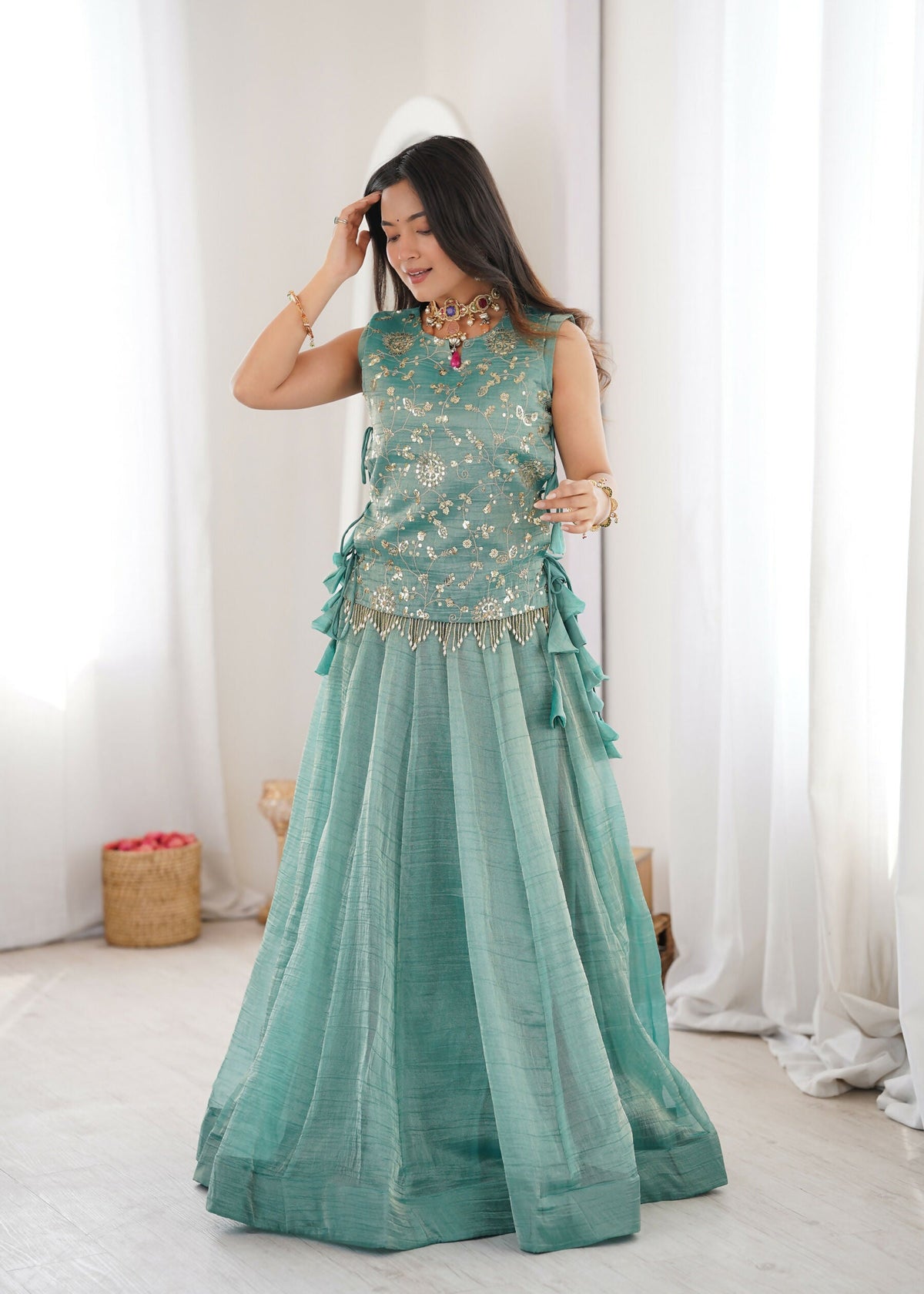Lorenvalley Fashion Skyblue Salsa Crush Plain Lehenga Choli with Koti | Grocsy