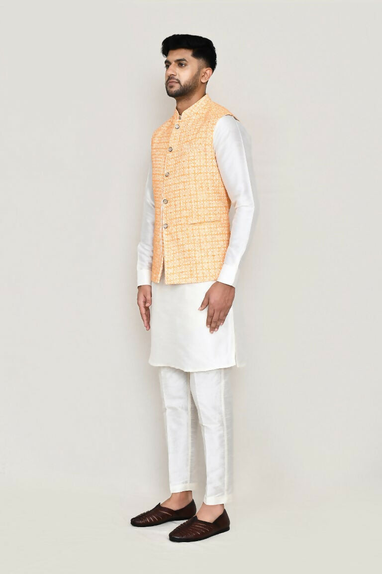 Joban Fashion White Colored Art Silk Fabric Kurta, Jacket With Straight Fit Pant | Grocsy