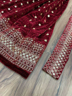 Vastranavya Wine Viscose Velvet Sequence Embroidery Work Gown Dupatta With Belt | Grocsy
