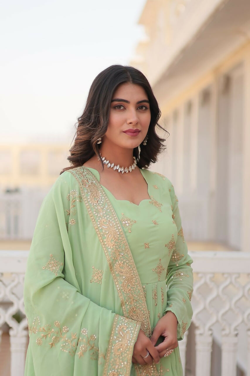 Vastranavya Faux Georgette with Zari & Sequins Embroidery Work Gown with Dupatta - Turquoise | Grocsy
