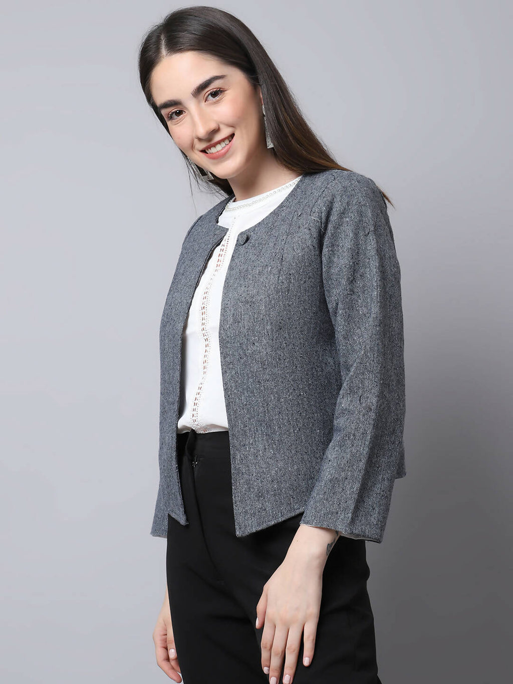 Even Apparels Grey Pure Wool Open Front Statement Jacket | Grocsy