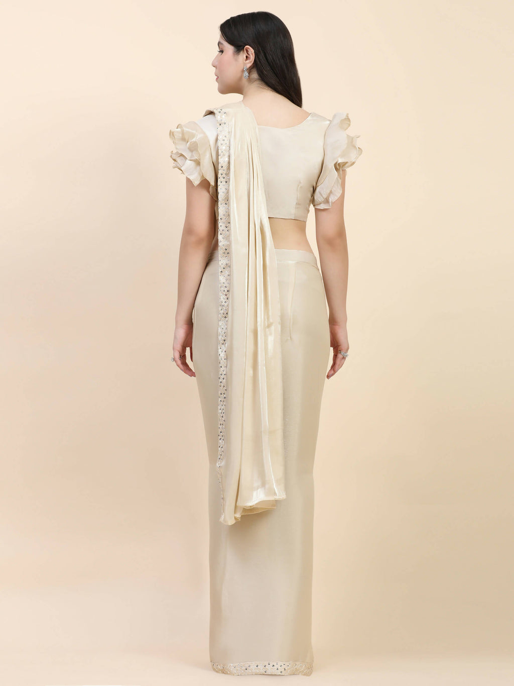 Beige Silk Satin Sequence Work Ready to Wear Saree with stitched Blouse - Nirvana | Grocsy