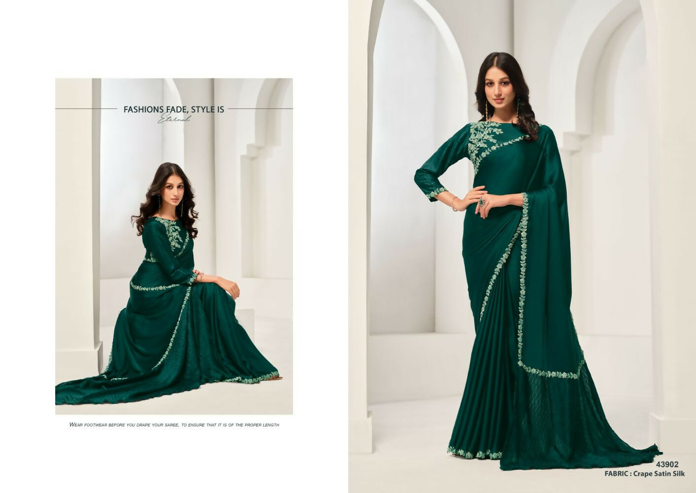 Green Crepe Satin Silk Handwork Saree with Unstitched Blouse - Norita Saanjh | Grocsy