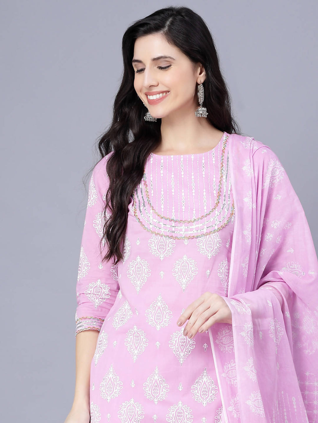 Myshka Cotton Printed 3/4 Sleeve Round Pink Women Kurta set | Grocsy