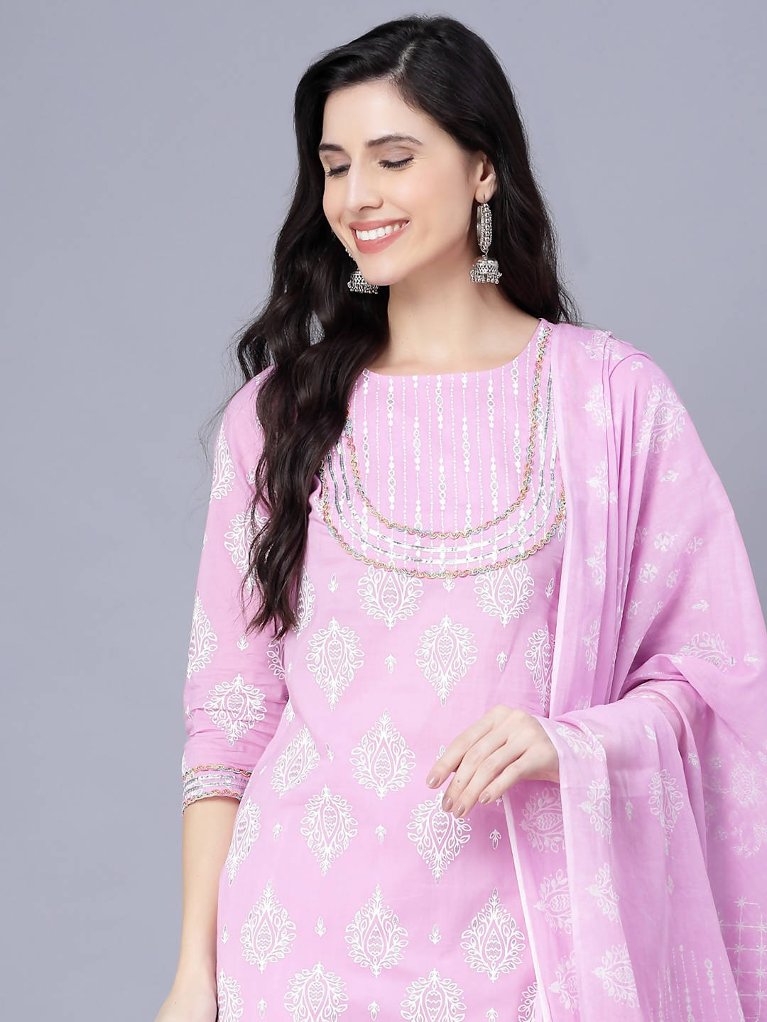 Myshka Cotton Printed 3/4 Sleeve Round Pink Women Kurta set | Grocsy