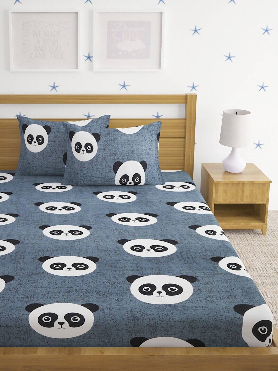 Home Sizzler Grey & White Panda 210 TC Bedsheet with Pillow Cover | Grocsy