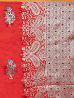 Varkala Silk Sarees Women's Red Banarasi Silk Saree With Unstitched Blouse Piece | Grocsy