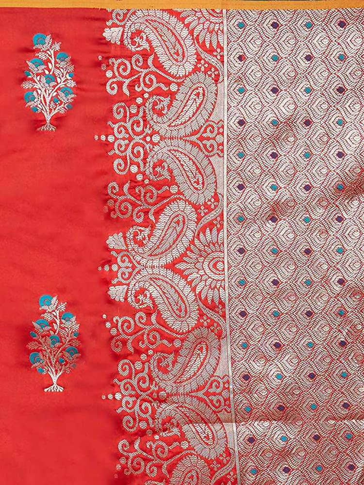 Varkala Silk Sarees Women's Red Banarasi Silk Saree With Unstitched Blouse Piece | Grocsy