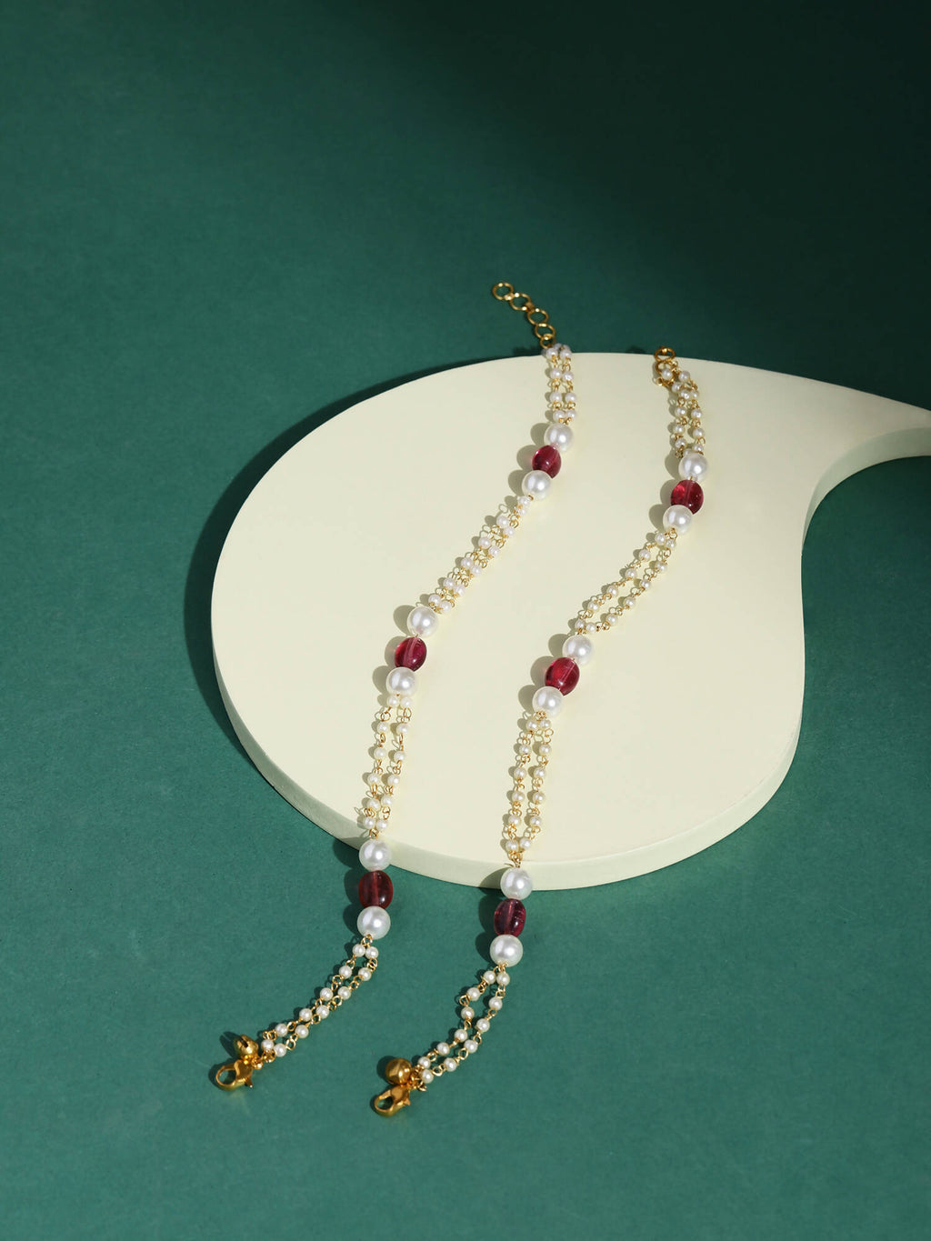 Gold-Polished Pink White Pearl Beaded Anklets Set Of 2 - Ruby Raang | Grocsy