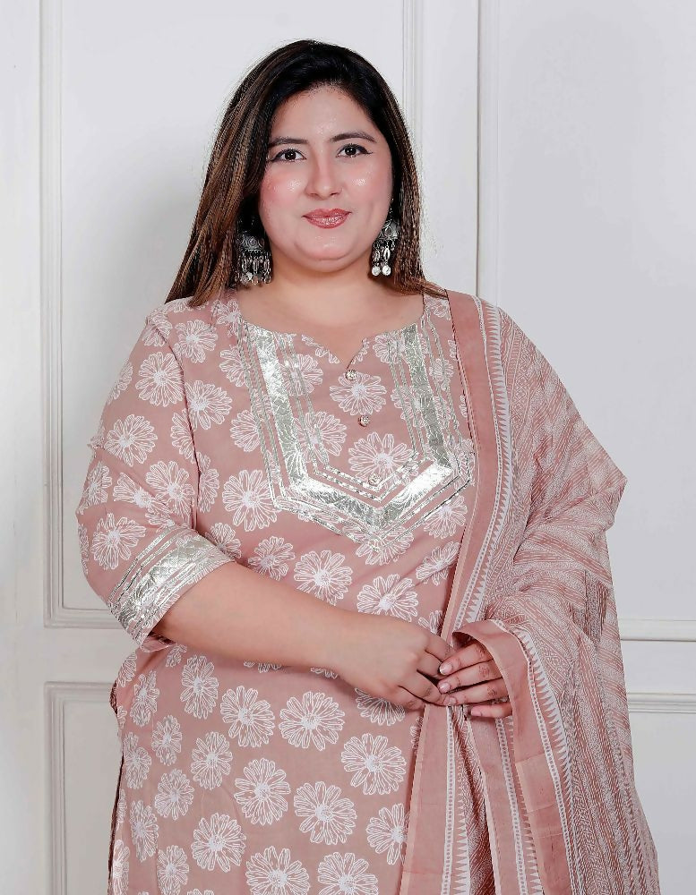 Miravan Plus Size Women Brown Floral Printed Cotton Straight Ethnic Kurta With Palazzo And Dupatta | Grocsy