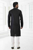 Raivat Ethnic Linen Cotton Thread Work Kurta Pajama In Black Colour | Grocsy