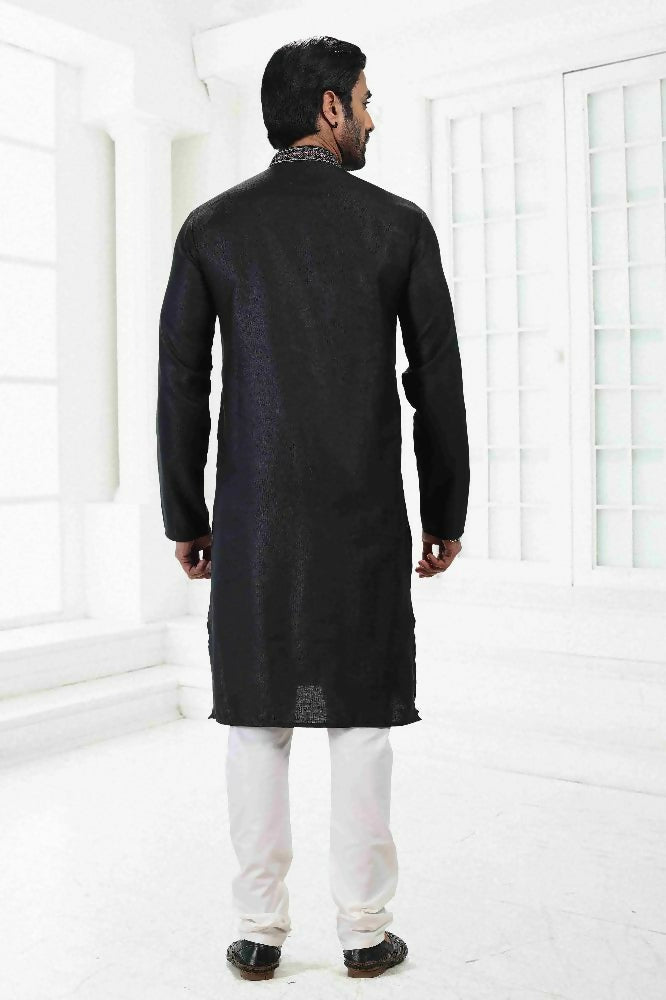 Raivat Ethnic Linen Cotton Thread Work Kurta Pajama In Black Colour | Grocsy