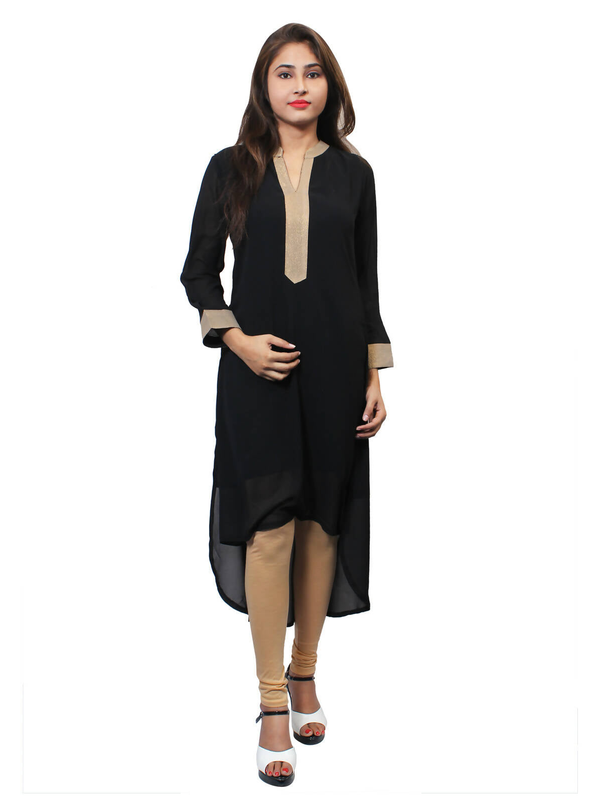 Women's Black Kurti With Zari Placket, Up Down Look - G & A Apparels | Grocsy