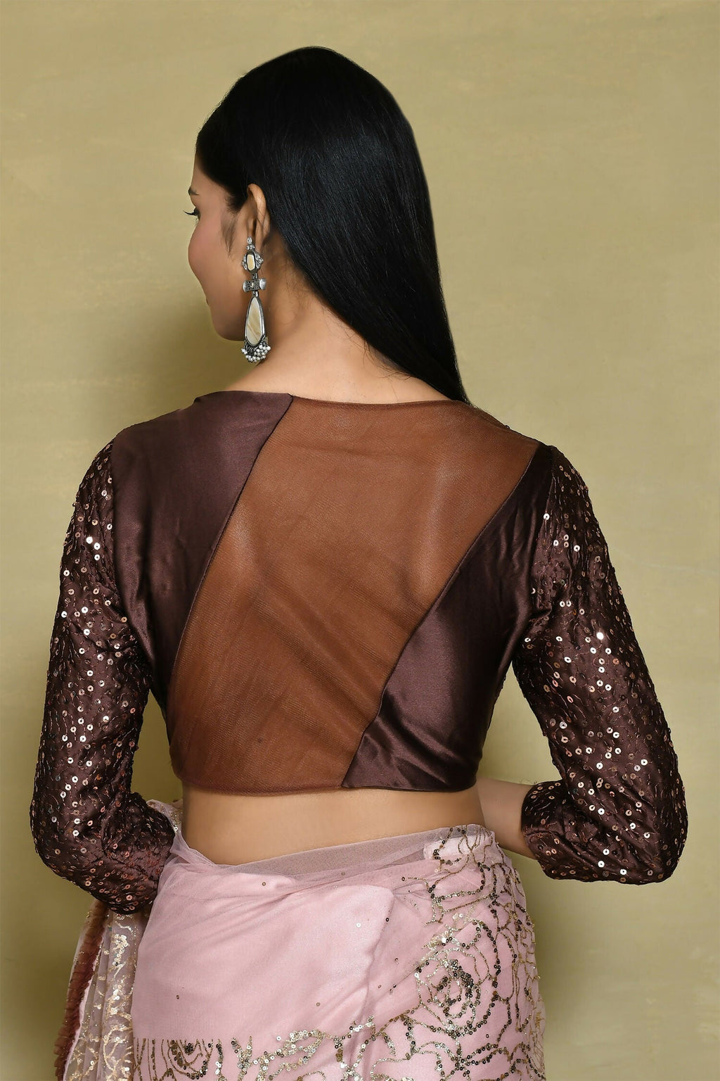 Brown Net Sequence Embroidered Festive Saree - Nimaya Denzy | Grocsy