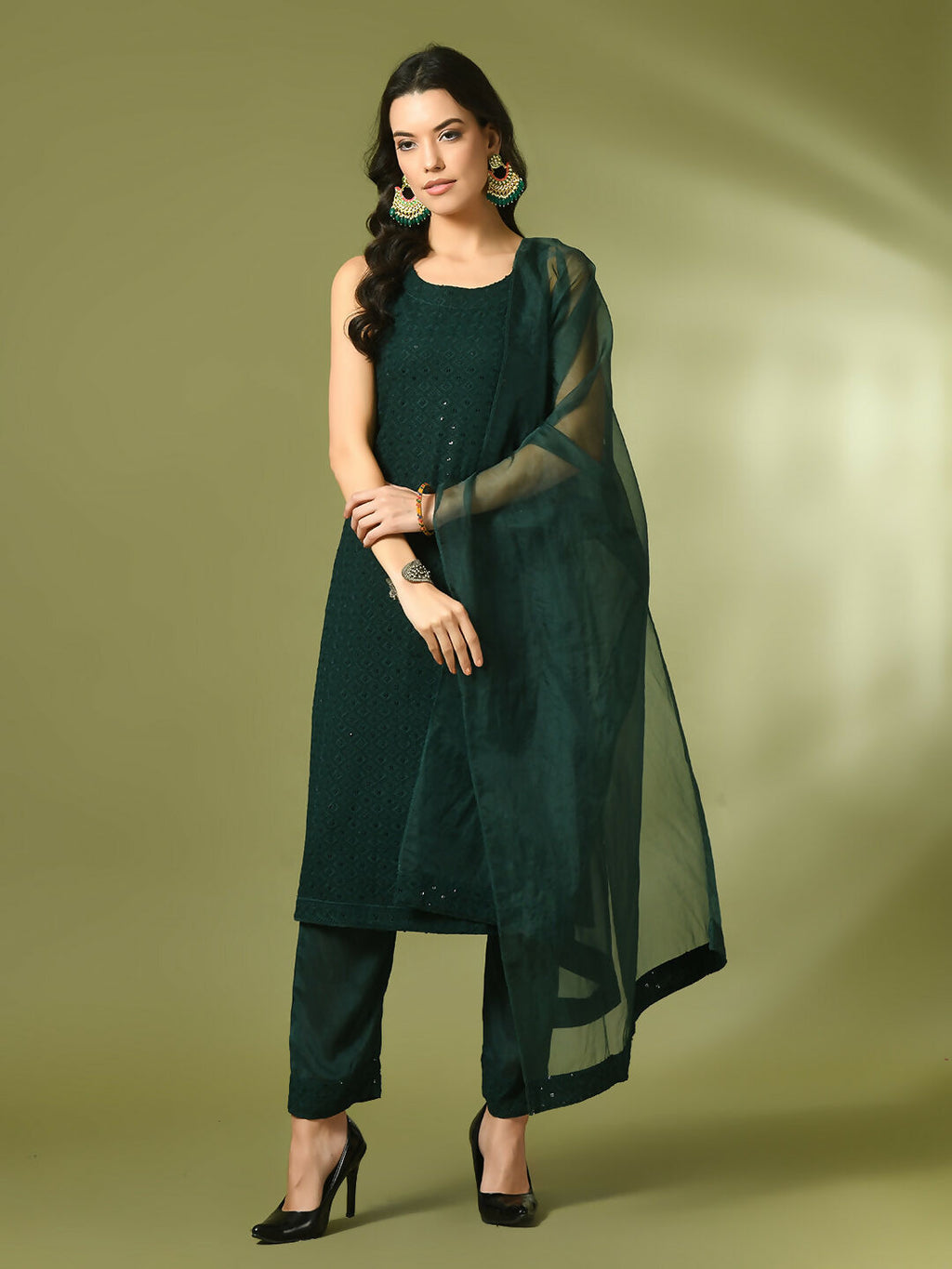 Myshka Women's Green Embroidered Cotton Straight Party Kurta Set With Dupatta | Grocsy