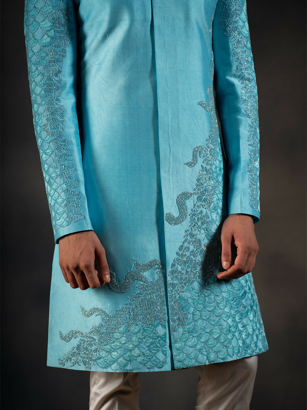 Sky Blue Hand Embroidered Indowestern Sherwani by Hilo Design | Grocsy