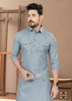 Joban Fashion Men's Grey Heavy Cotton Plain Kurta Pyjama set | Grocsy