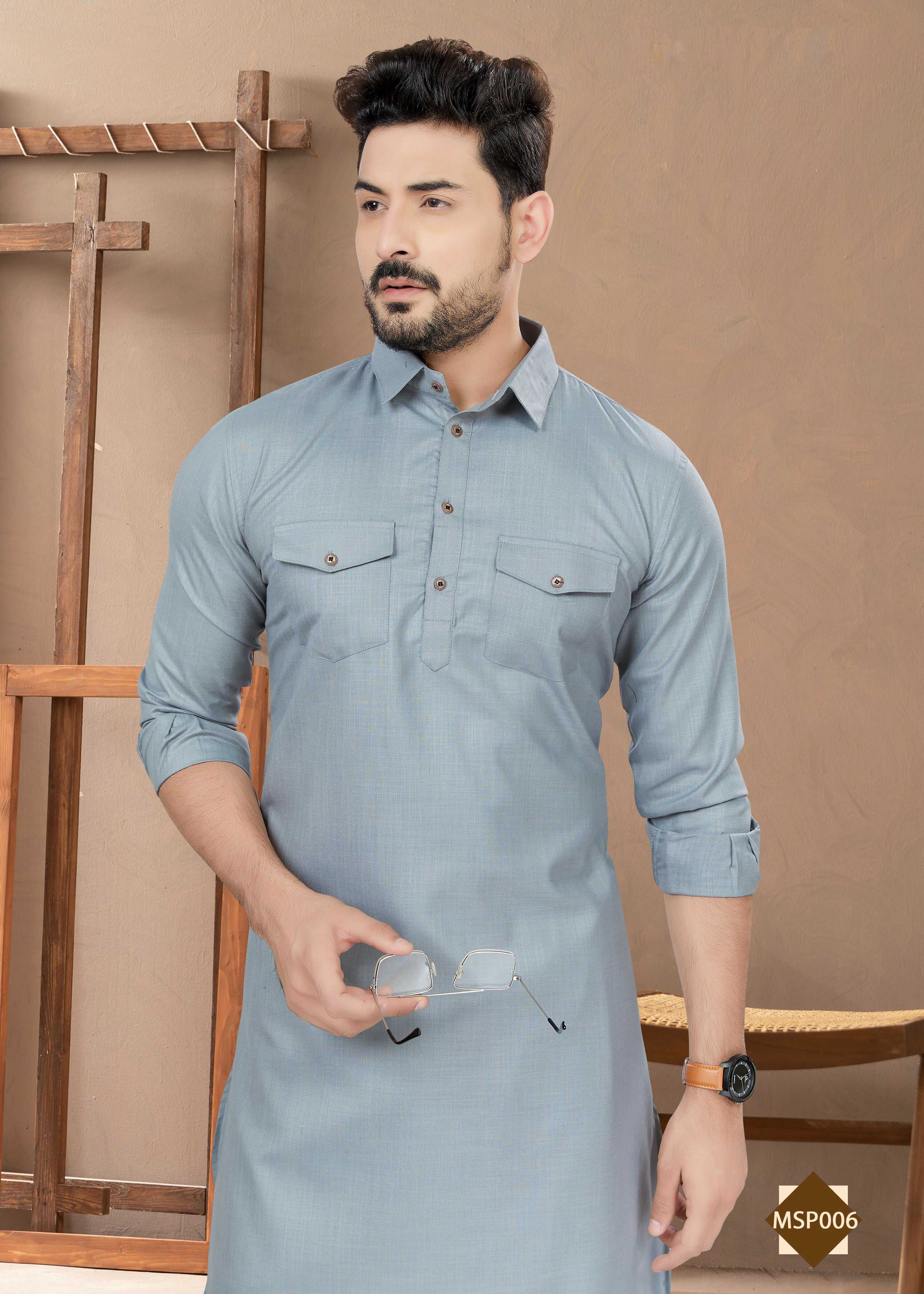 Joban Fashion Men's Grey Heavy Cotton Plain Kurta Pyjama set | Grocsy