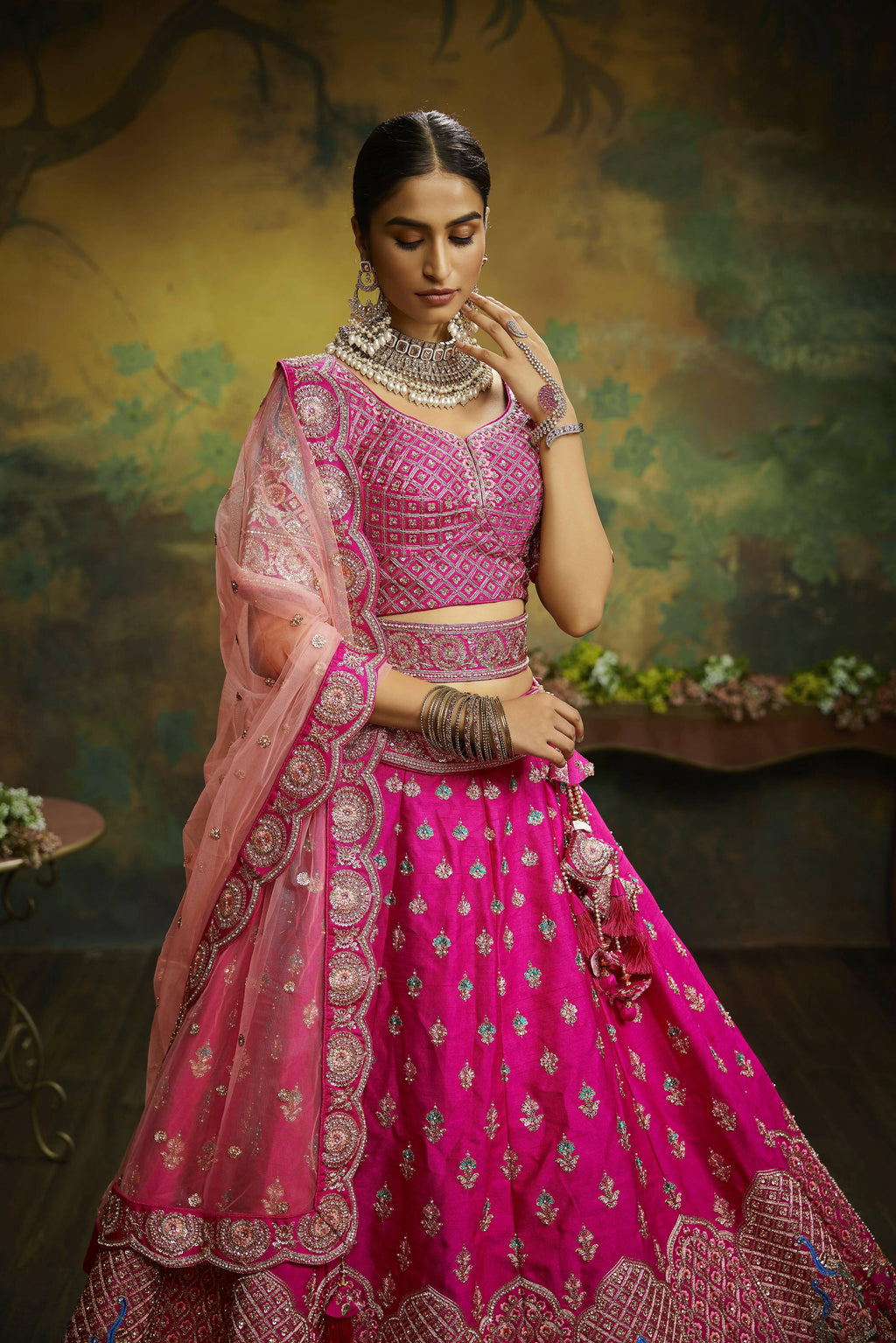 House of Panchhi Pink Pure Silk Moti & Zarkan heavy embroidery Lehenga choli & Dupatta | Grocsy