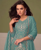 KC Beautiful Sky Blue Chiffon Silk Hand Embroidery Suit For Women | Grocsy