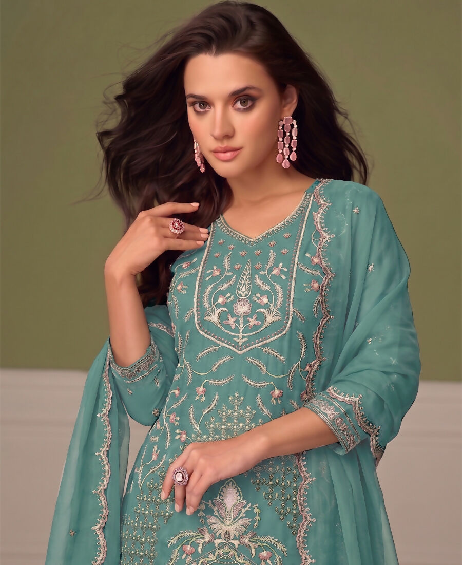 KC Beautiful Sky Blue Chiffon Silk Hand Embroidery Suit For Women | Grocsy