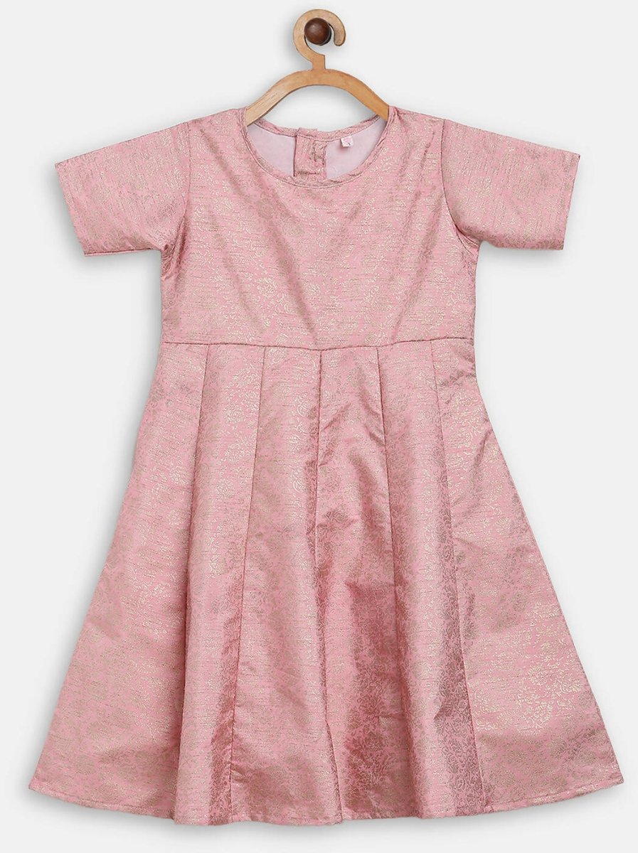 Ahalyaa Pink Poly Silk Gold Print Girl's Kids Dress For Girls | Grocsy
