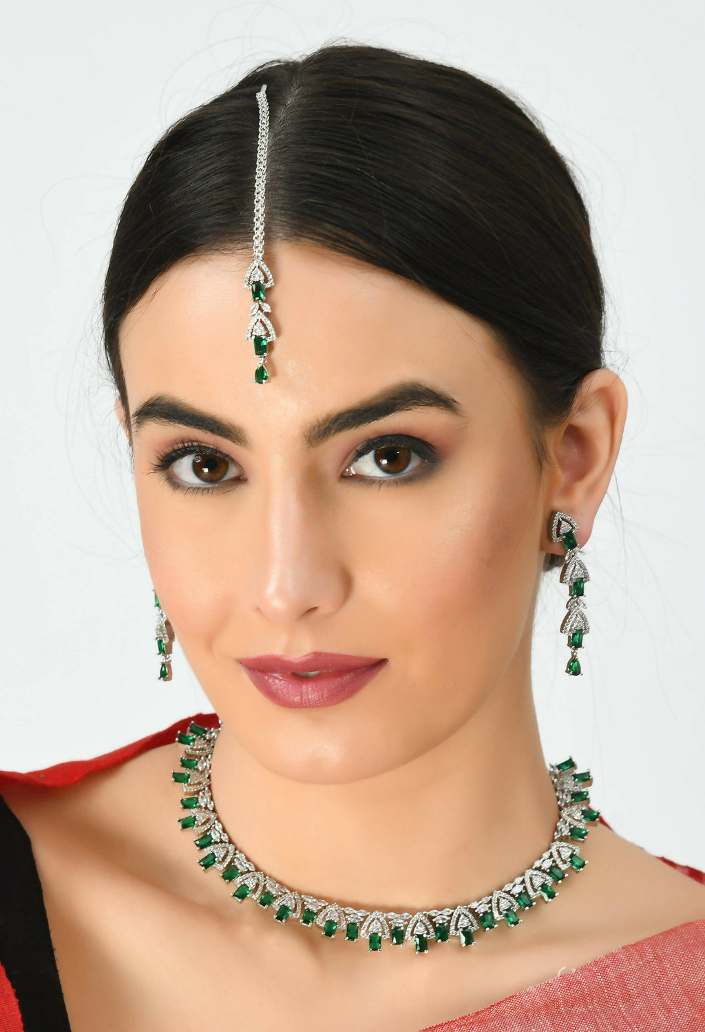 Mominos Fashion Johar Kamal Silver-Plated American Diamond Green Choker Set | Grocsy