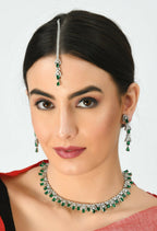 Mominos Fashion Johar Kamal Silver-Plated American Diamond Green Choker Set | Grocsy