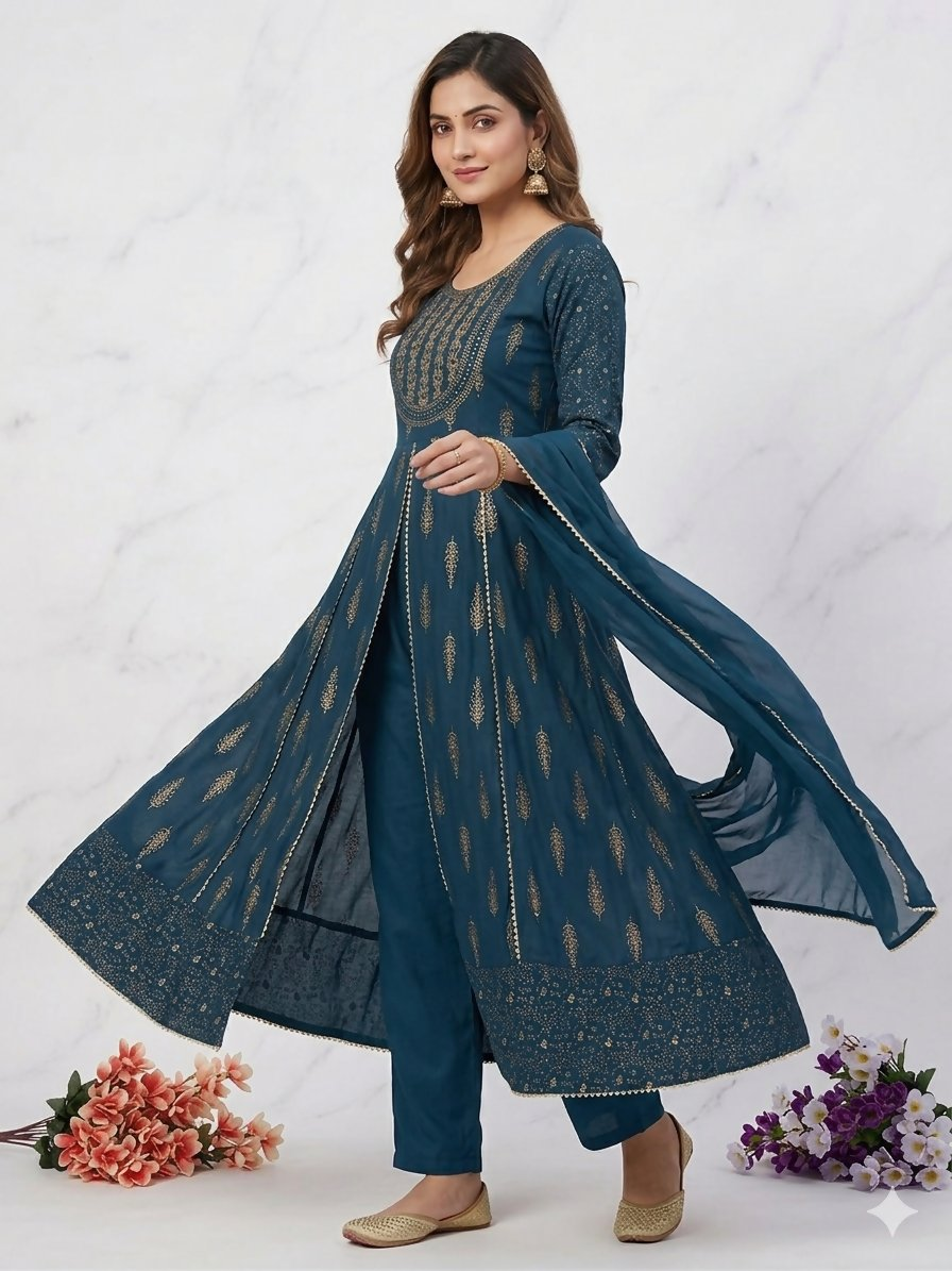 Teeya Creation Women's Teal Blue Fully Stitched Anarkali Suit With Pant And Dupatta | Grocsy