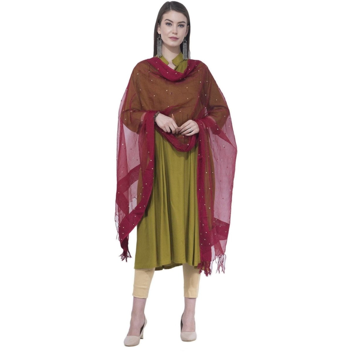 A R Silk Women's Stone Work Orgenza Cotton Mehroon Dupattas and Chunnis | Grocsy