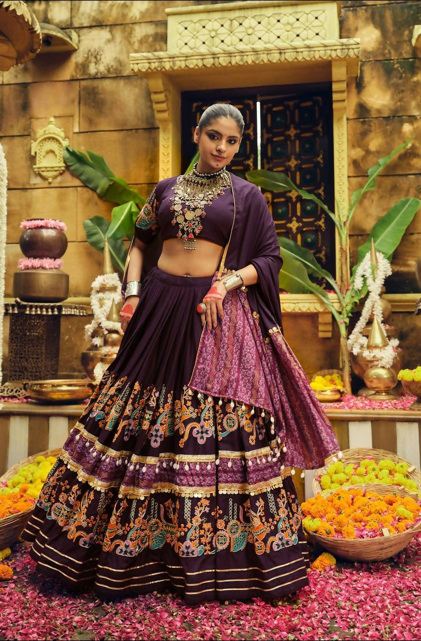 Teeya Creation Wine Colour Rayon Silk Digital Print Fully Stitched Navratri Lehenga | Grocsy
