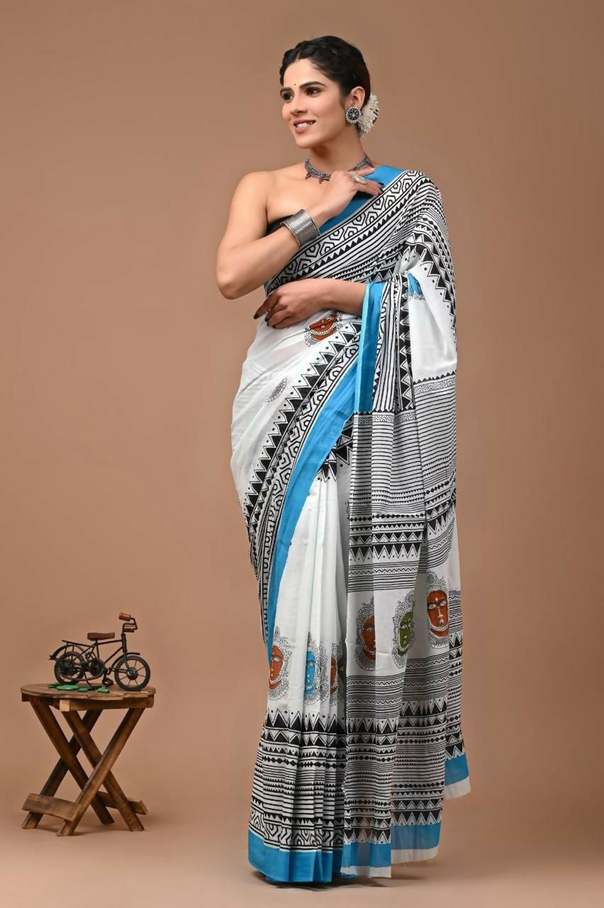Exclusive Collection Black White Beautiful Mulmul Cotton Saree | Grocsy