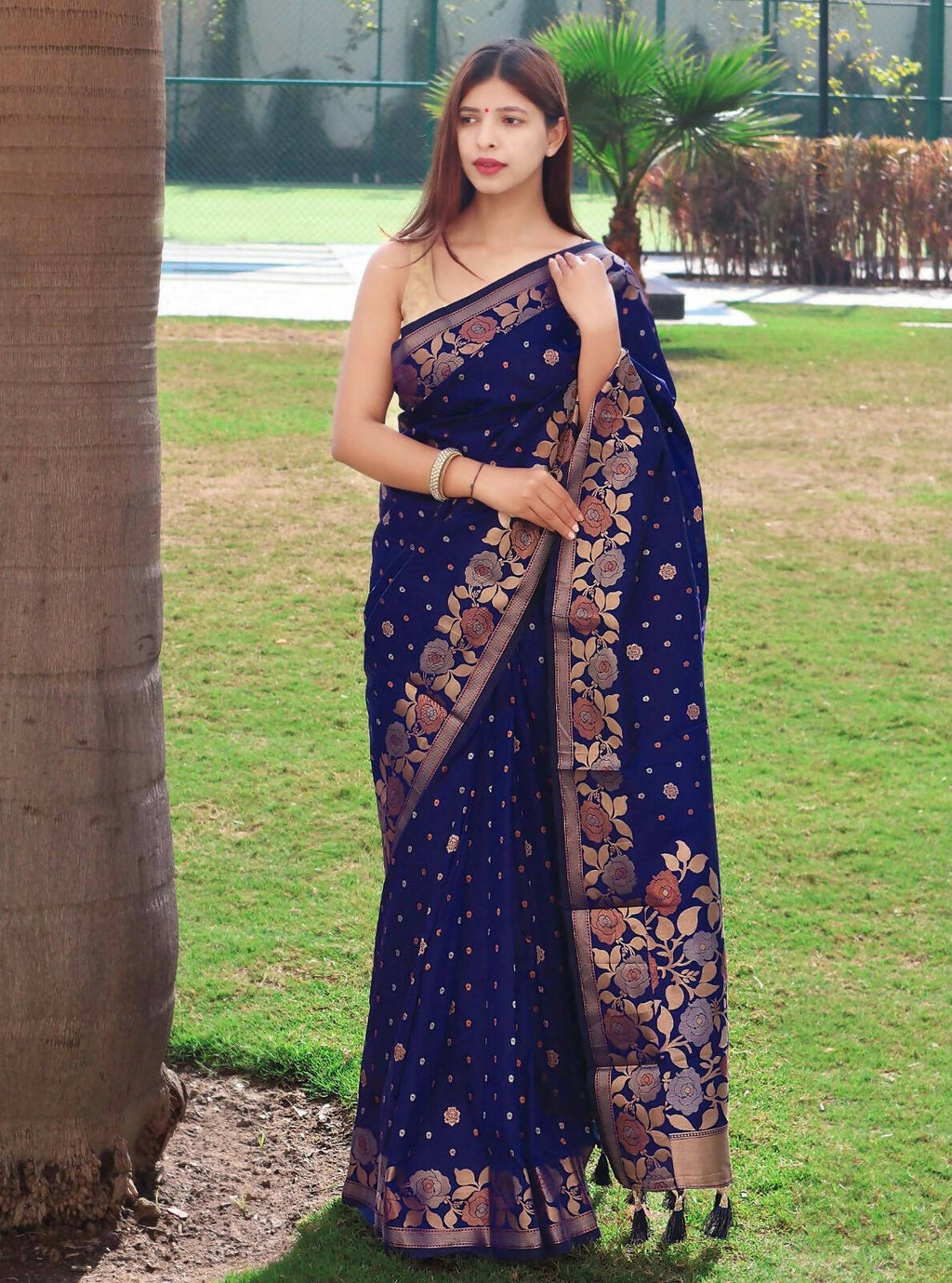 DEIANA'S Beautiful Designer Golden zari Soft Lichi Silk Saree - Navy Blue | Grocsy