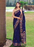 DEIANA'S Beautiful Designer Golden zari Soft Lichi Silk Saree - Navy Blue | Grocsy