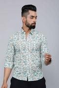 Miravan Men's Spread Collar White & Green Floral Print Slim Fit Shirt | Grocsy