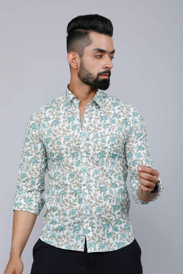 Miravan Men's Spread Collar White & Green Floral Print Slim Fit Shirt | Grocsy
