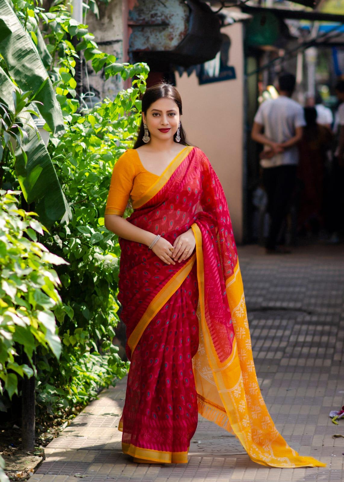 Light Red Polycotton Ethnic Motifs Saree with Unstitched Blouse - Hiral Fashion | Grocsy