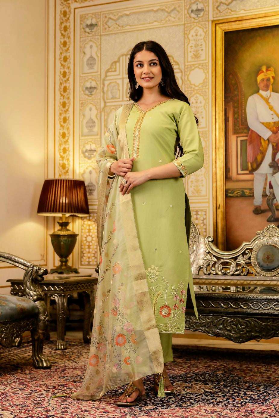 The52 Lemons Women's Beautiful Viscose Shimmer Fabric Embroidered Work Straight Kurta Pant and Dupatta Set | Grocsy